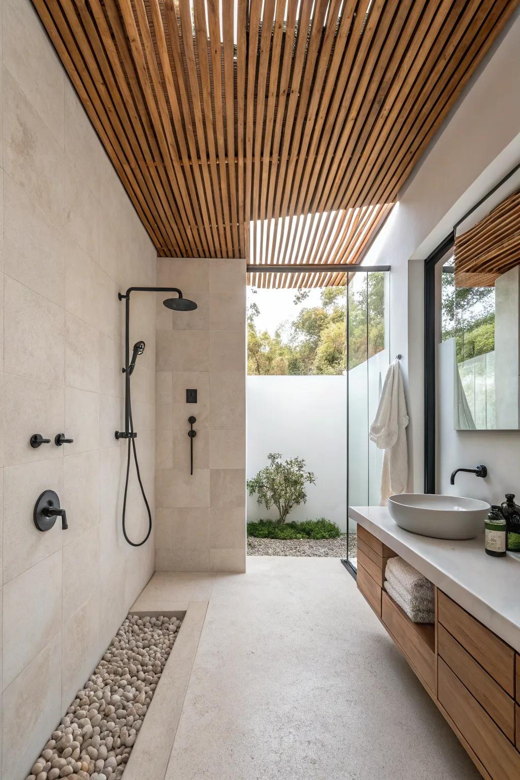 Wooden slats add an intimate allure to any shower area.