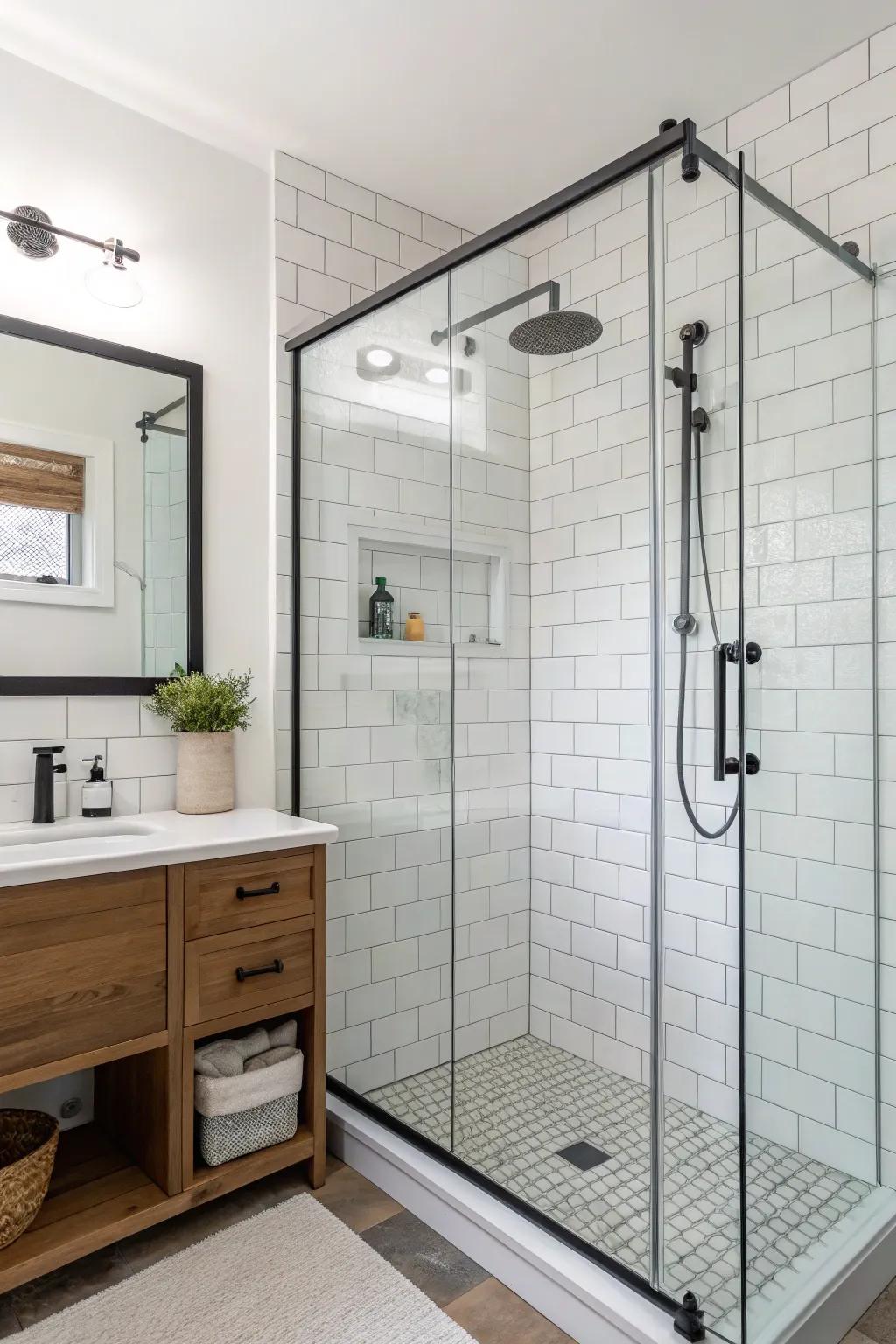 This sleek glass shower enhances the modern design of the bathroom.