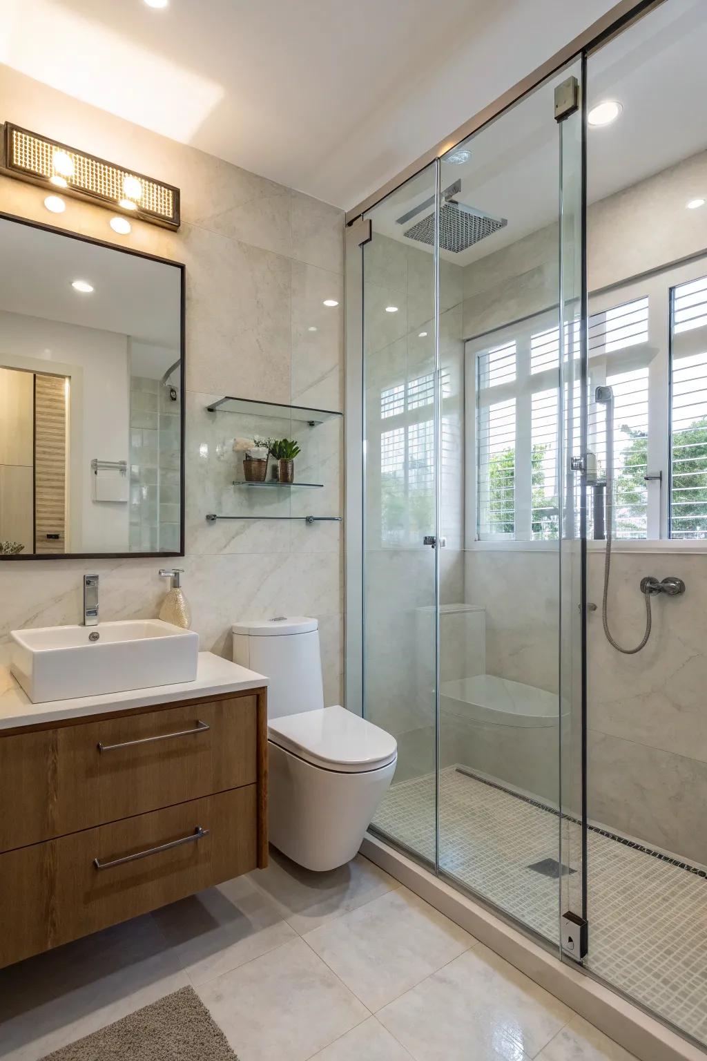 A glass enclosure maximizes space, bringing in sophistication and utility.