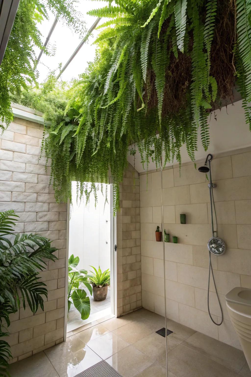 Design a leafy ceiling with trailing plants for an immersive bathing experience.