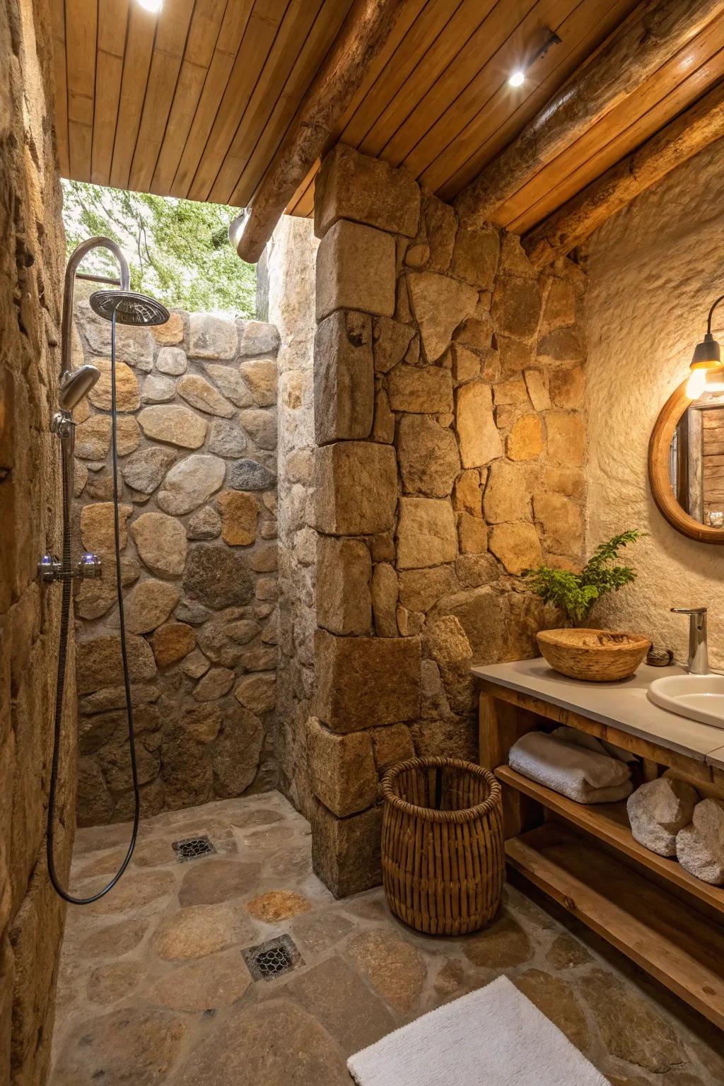 Native rock walls offer a countryside appeal to your shower area.