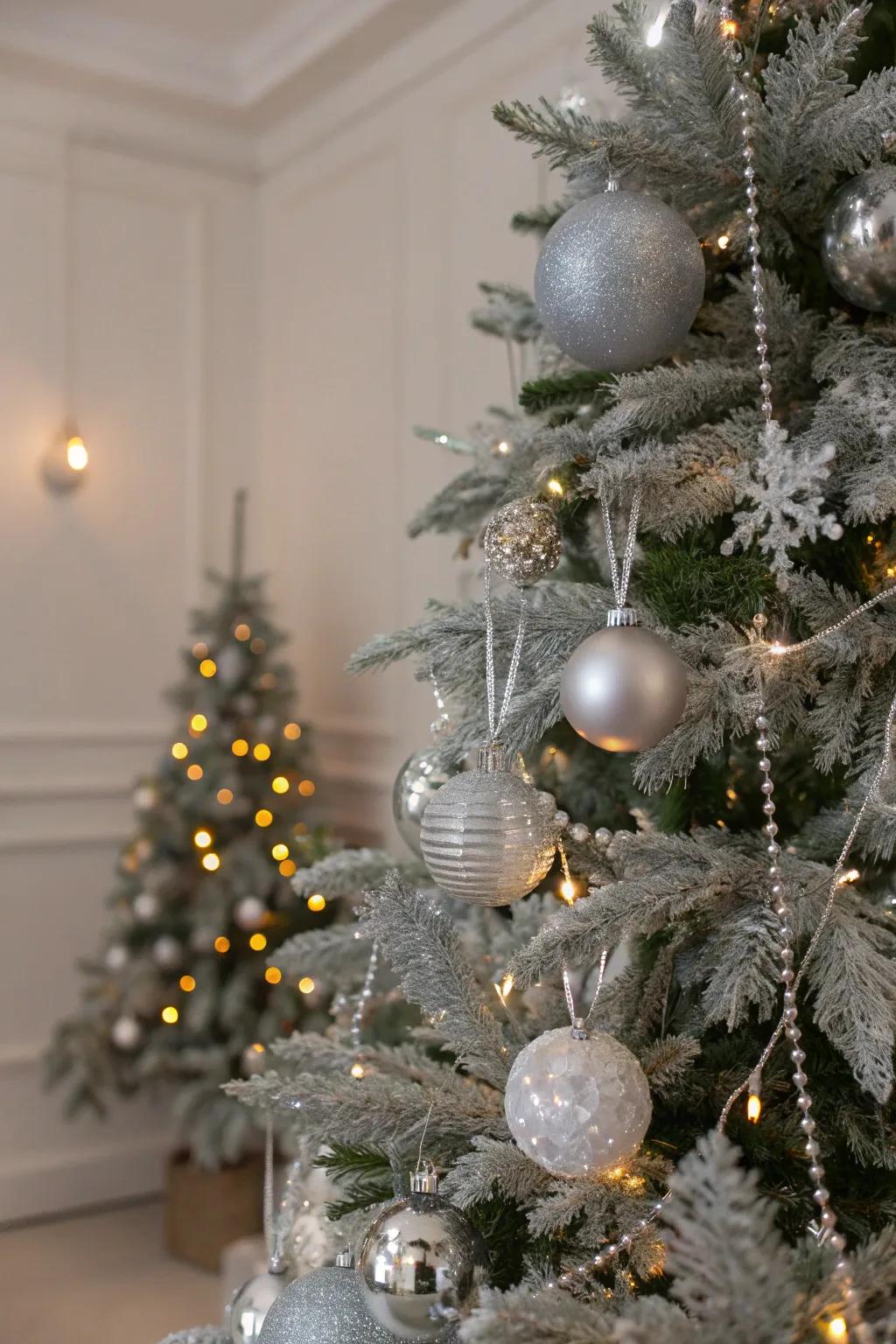 A silver Christmas centerpiece is the focal point of festive charm.