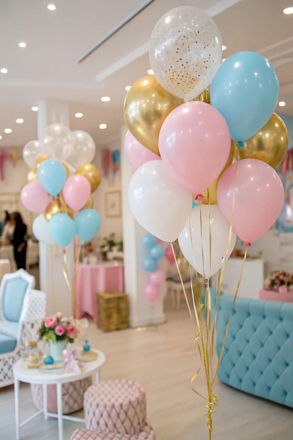 A room decorated with radiant balloons, perfect for welcoming a baby.