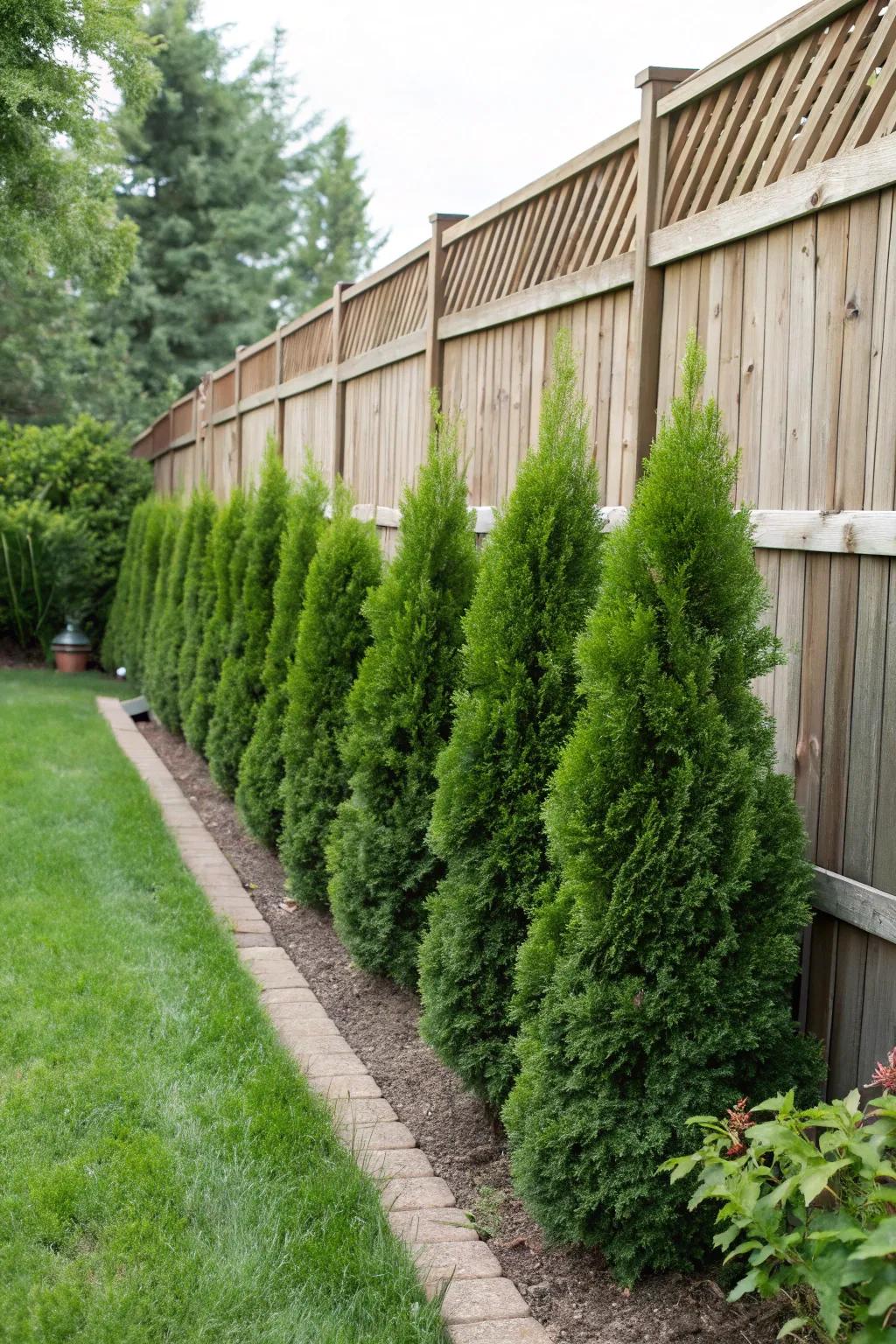 Evergreen bushes offer a timeless, lush aesthetic to fence lines all year.