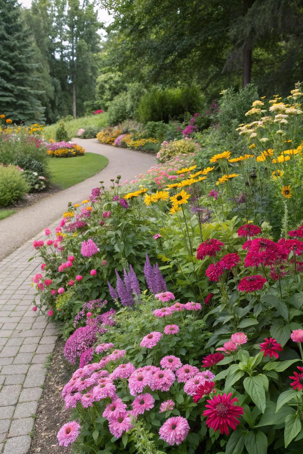 A vibrant flower bed showcasing a blend of perennials and annuals.