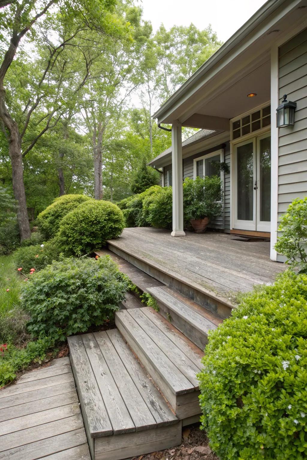 Unadorned timber steps bring an earthy charm to the house’s entry.