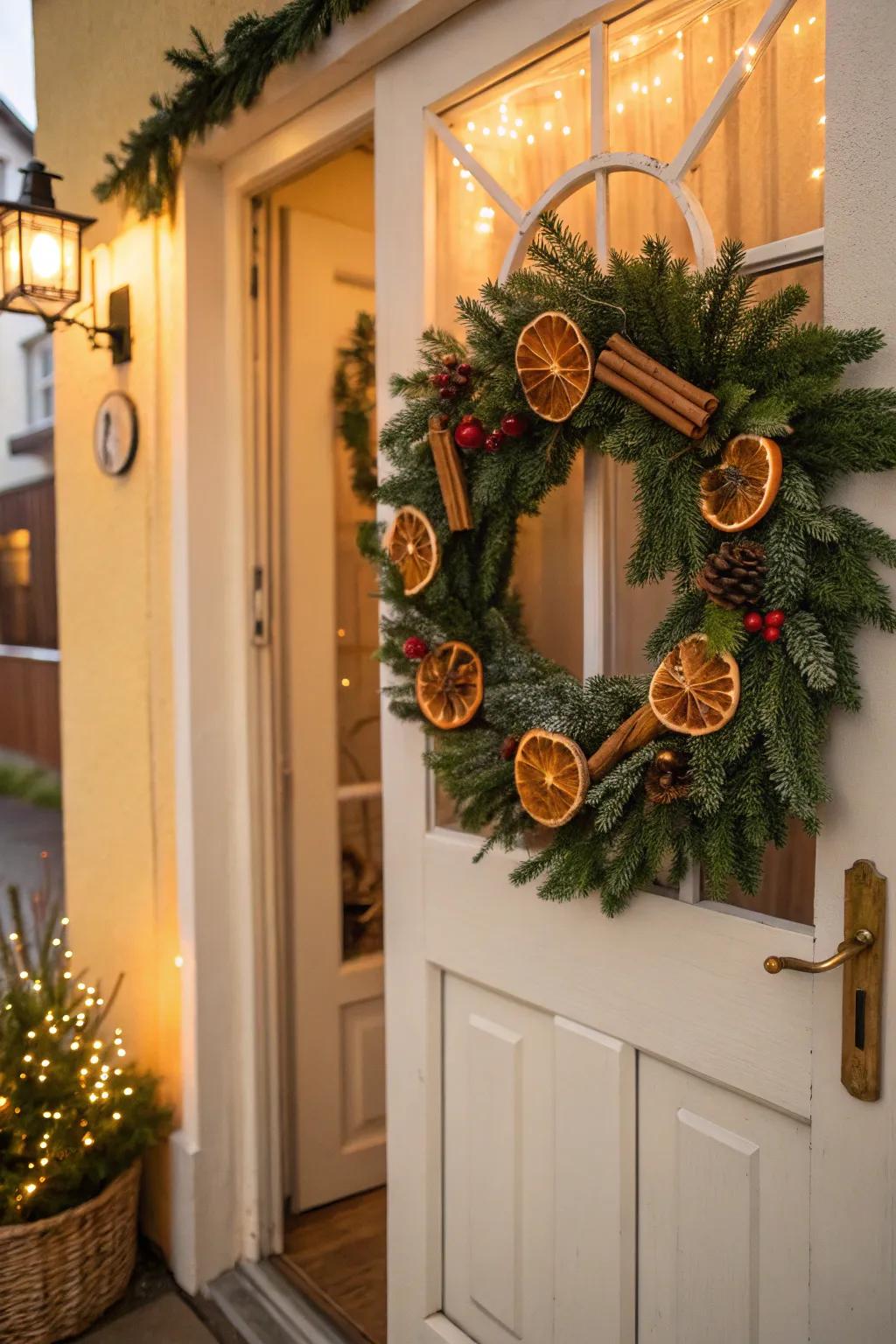 A distinctive wreath featuring cinnamon and oranges introduces a snug atmosphere.