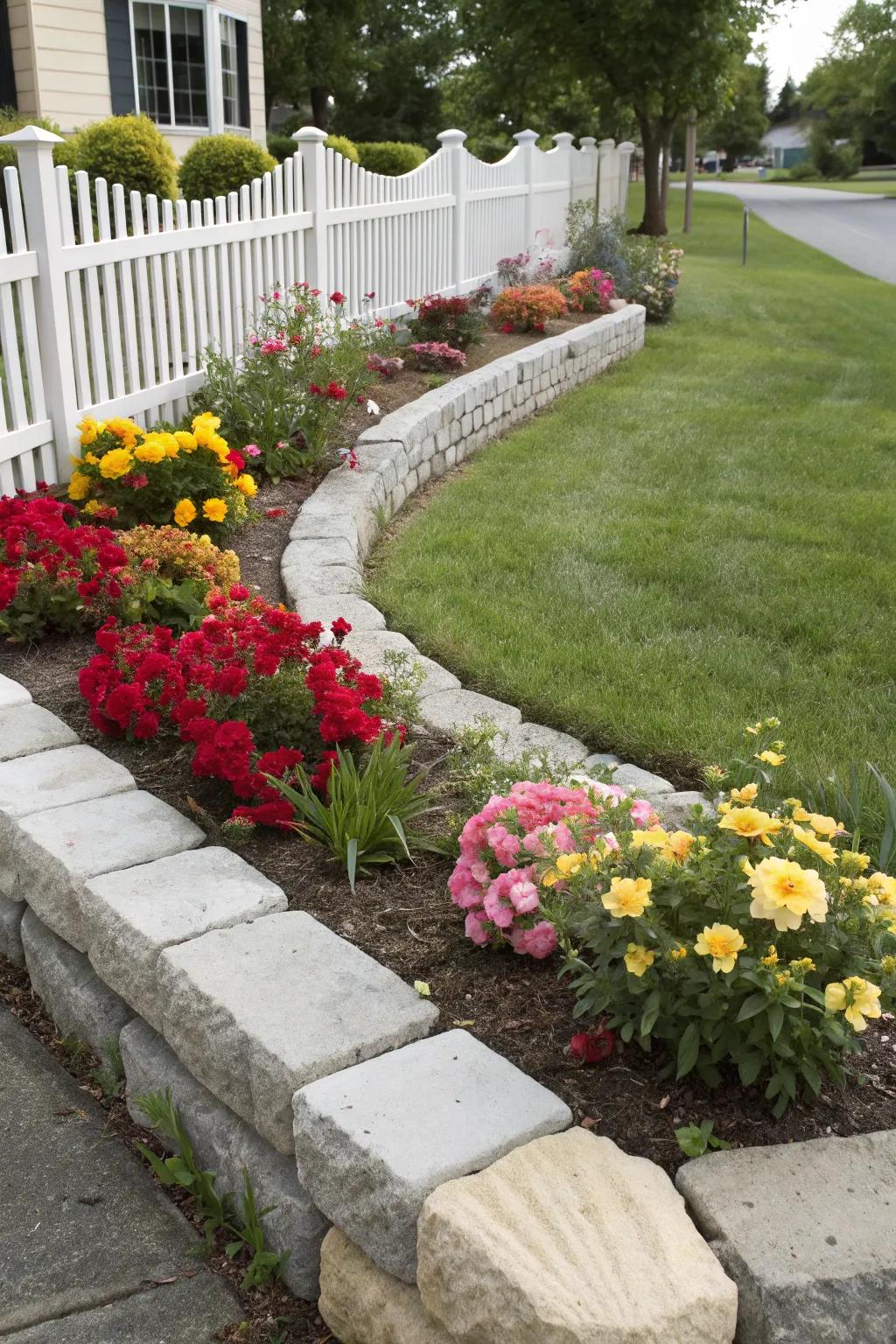 Well-defined stone edging results in an organized flower bed.