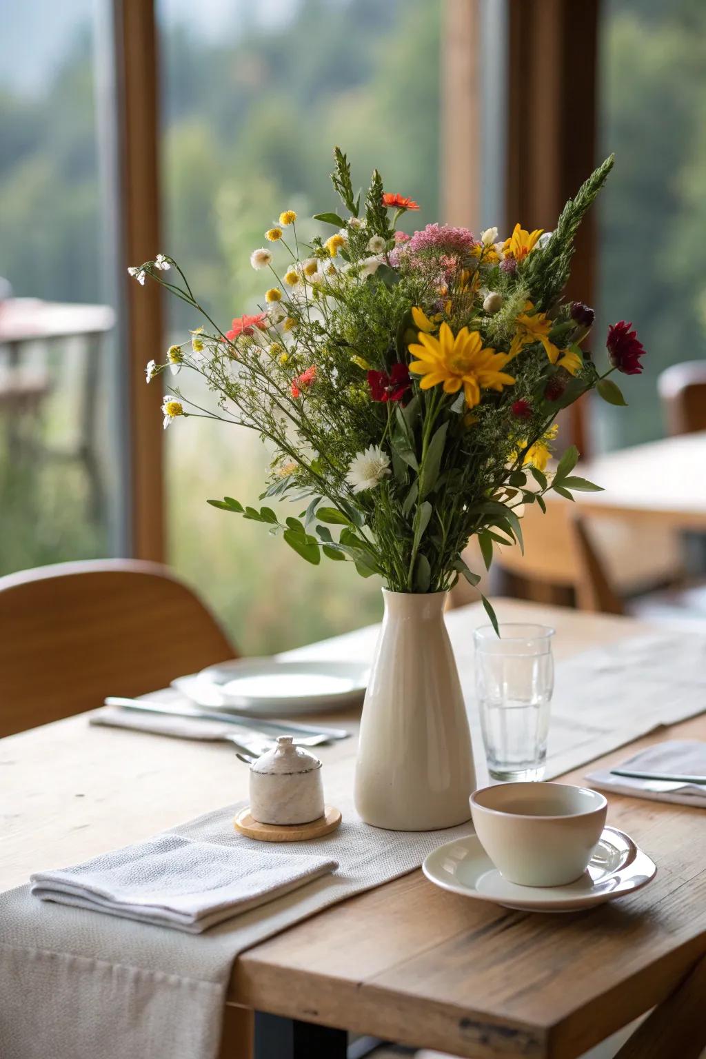 A fresh botanical focal point injects life into the midday dining scene.