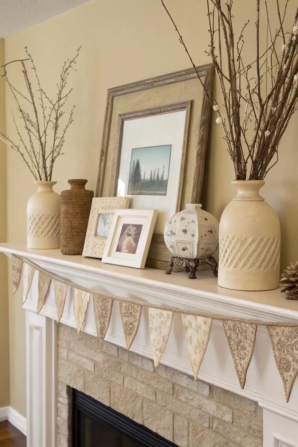 This neutral mantel harmonizes effortlessly with its environment.