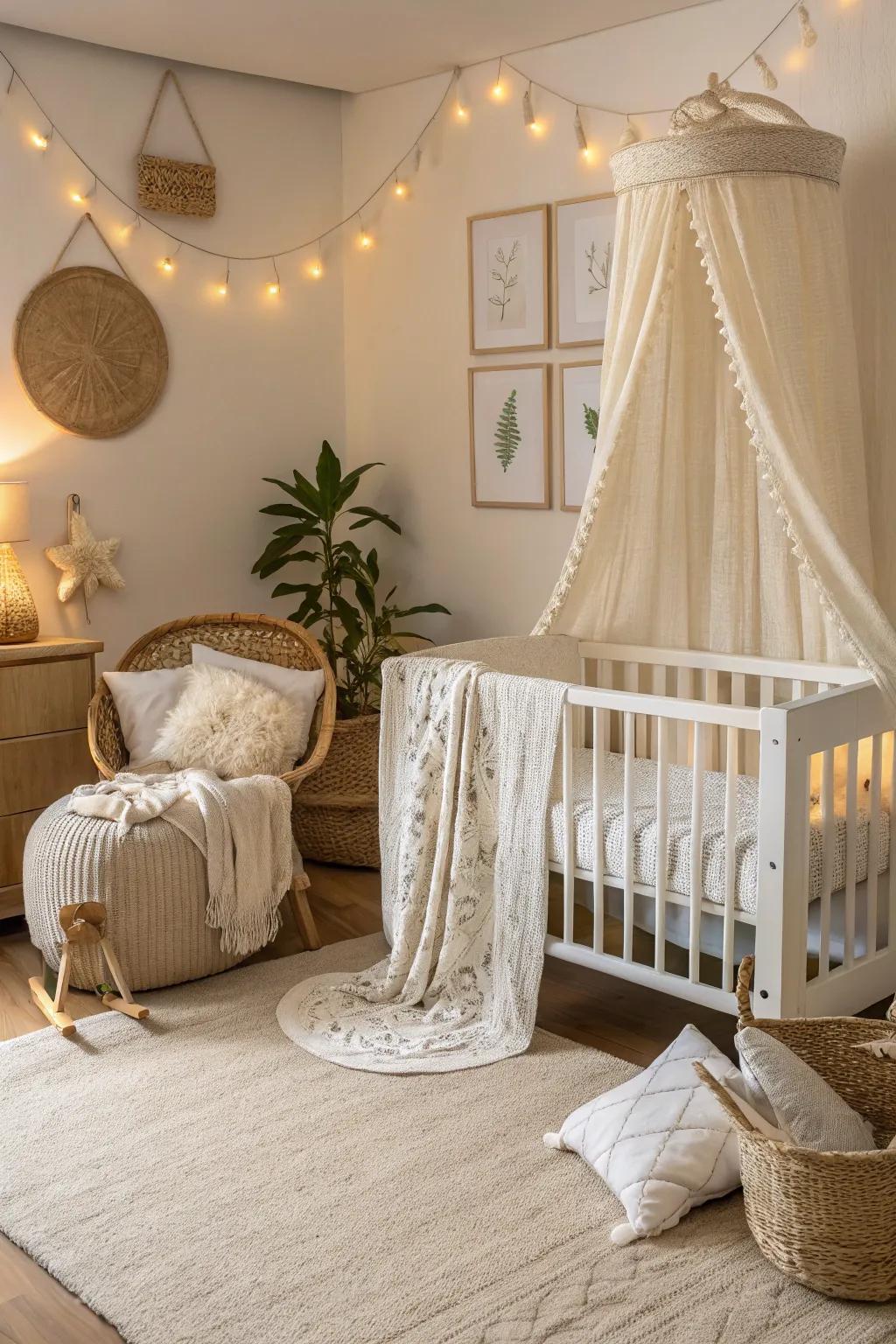 A serene palette blending creams and whites establishes a tranquil mood.