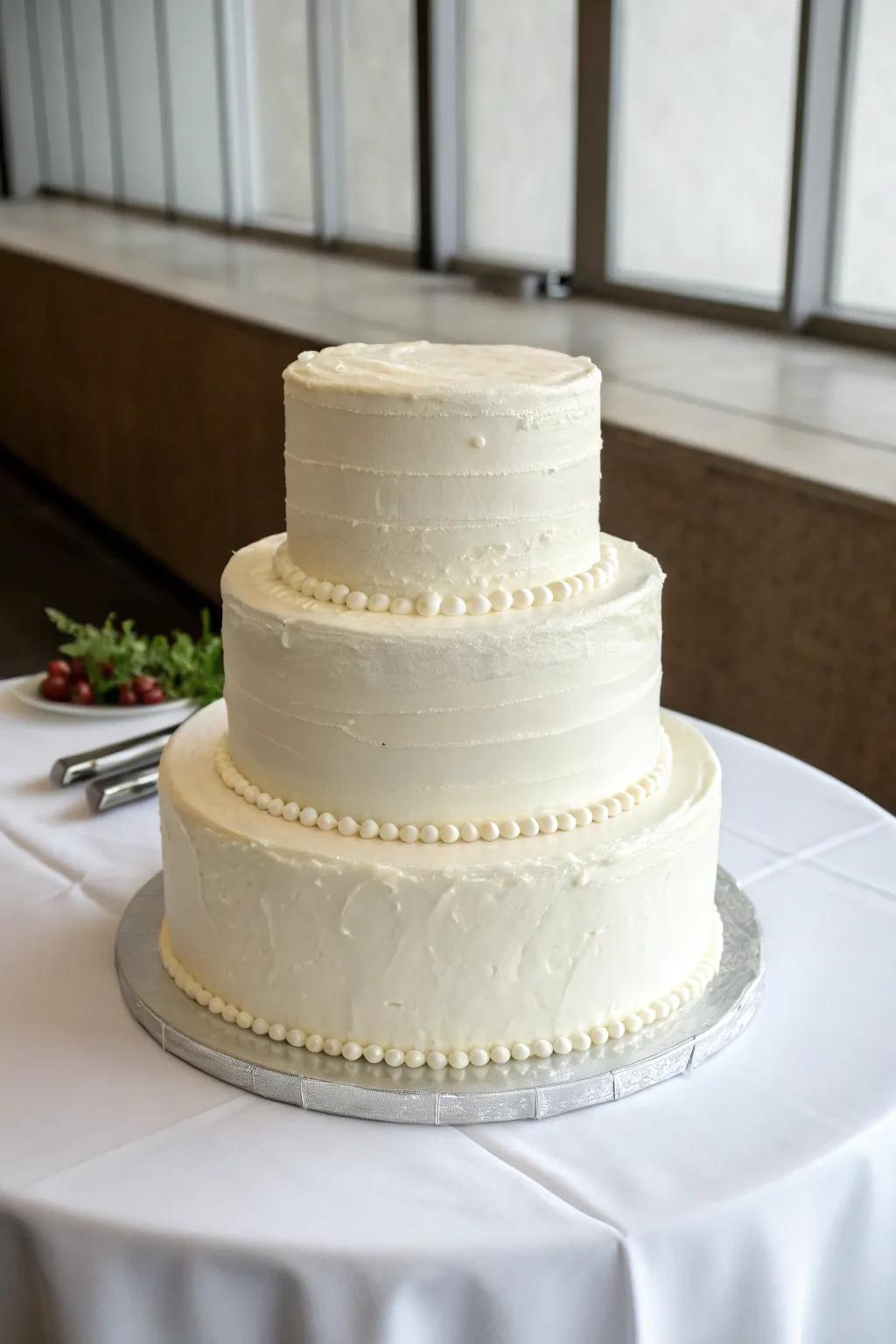 A minimalist wedding confection that allows the occasion to command attention.
