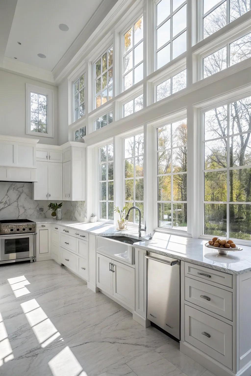 A white kitchen awash with natural light streaming in through large windows.