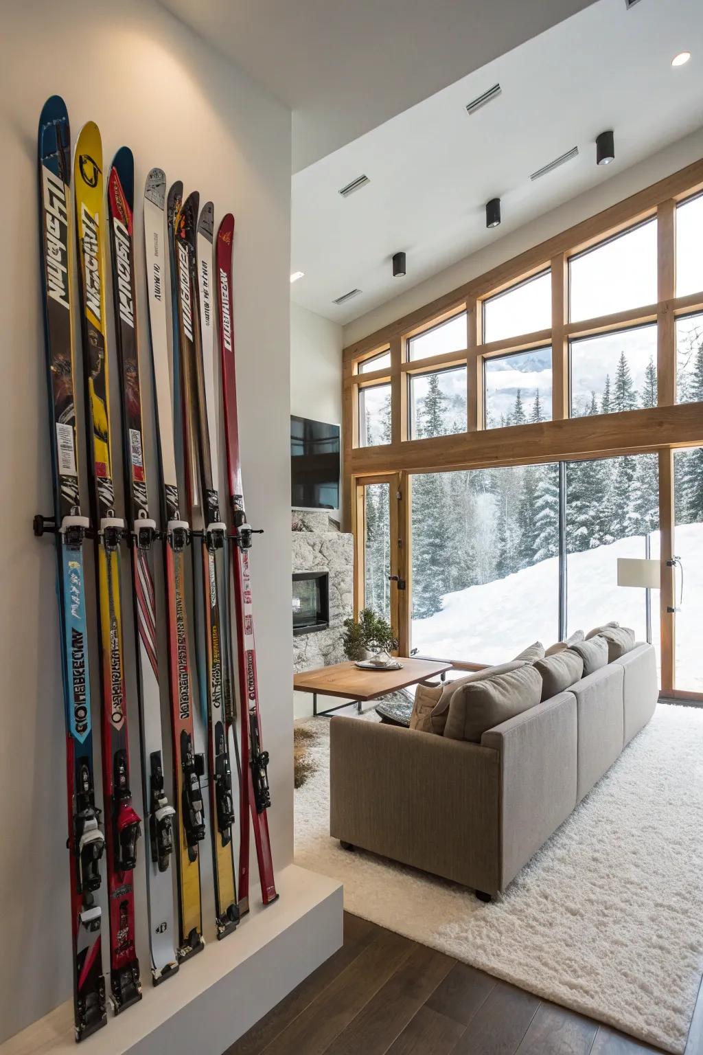 Wall-mounted racks maintain ski organization while adding a sporty flair.