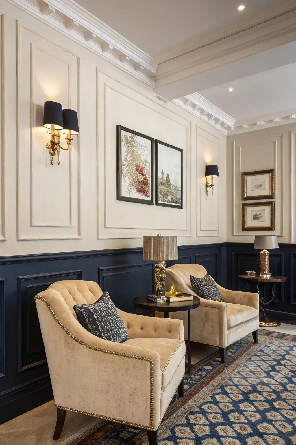 Naval force baseboards create a striking comparison against cream dividers.
