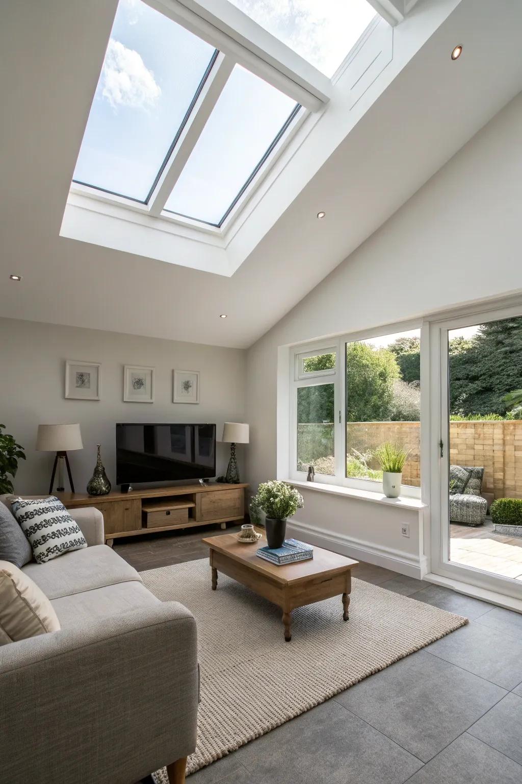 A simple living space showing off a skylight with a sleek frame.