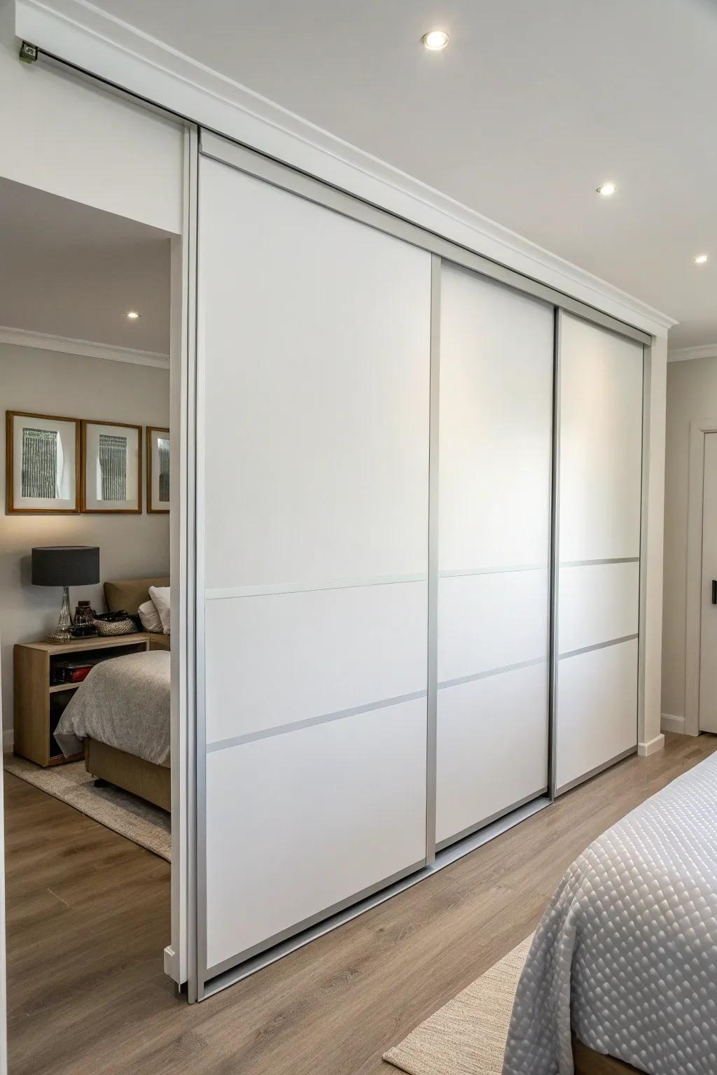 Sleek white sliding closet doors for a minimalist vibe.