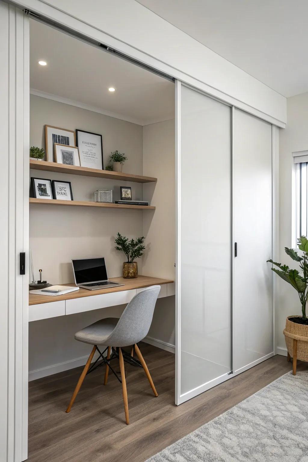 A minimalist sliding door accentuates the sleek aesthetic of this home office.