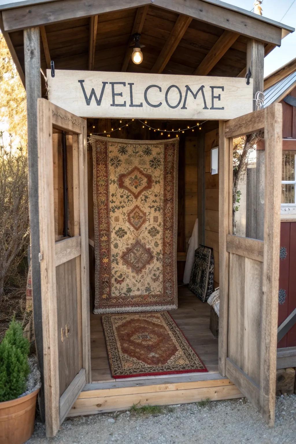 A friendly welcome area that includes a period-style rug and a sign that is painted by hand