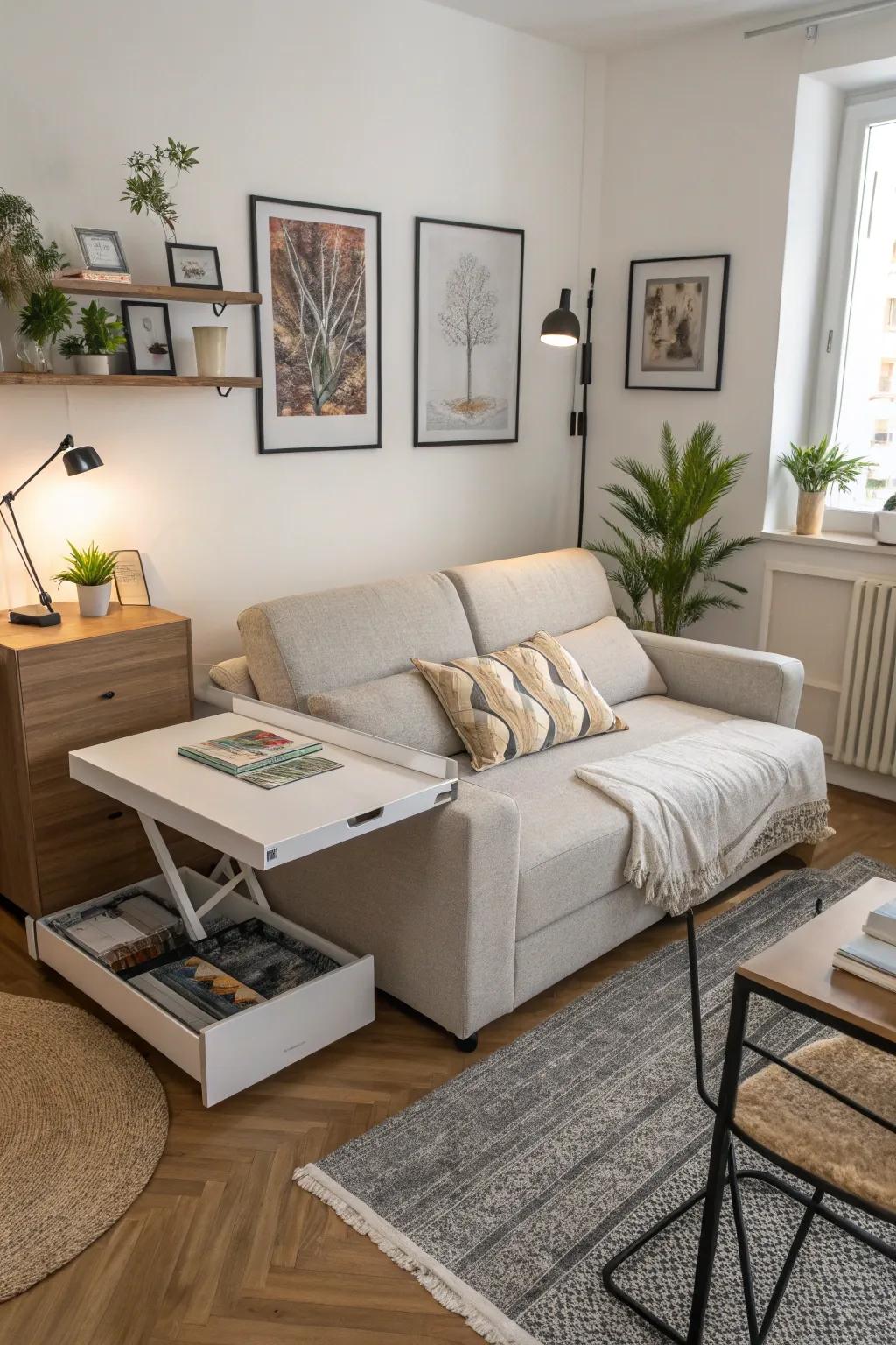 A futon and extendable table enhance the functionality of a compact apartment.