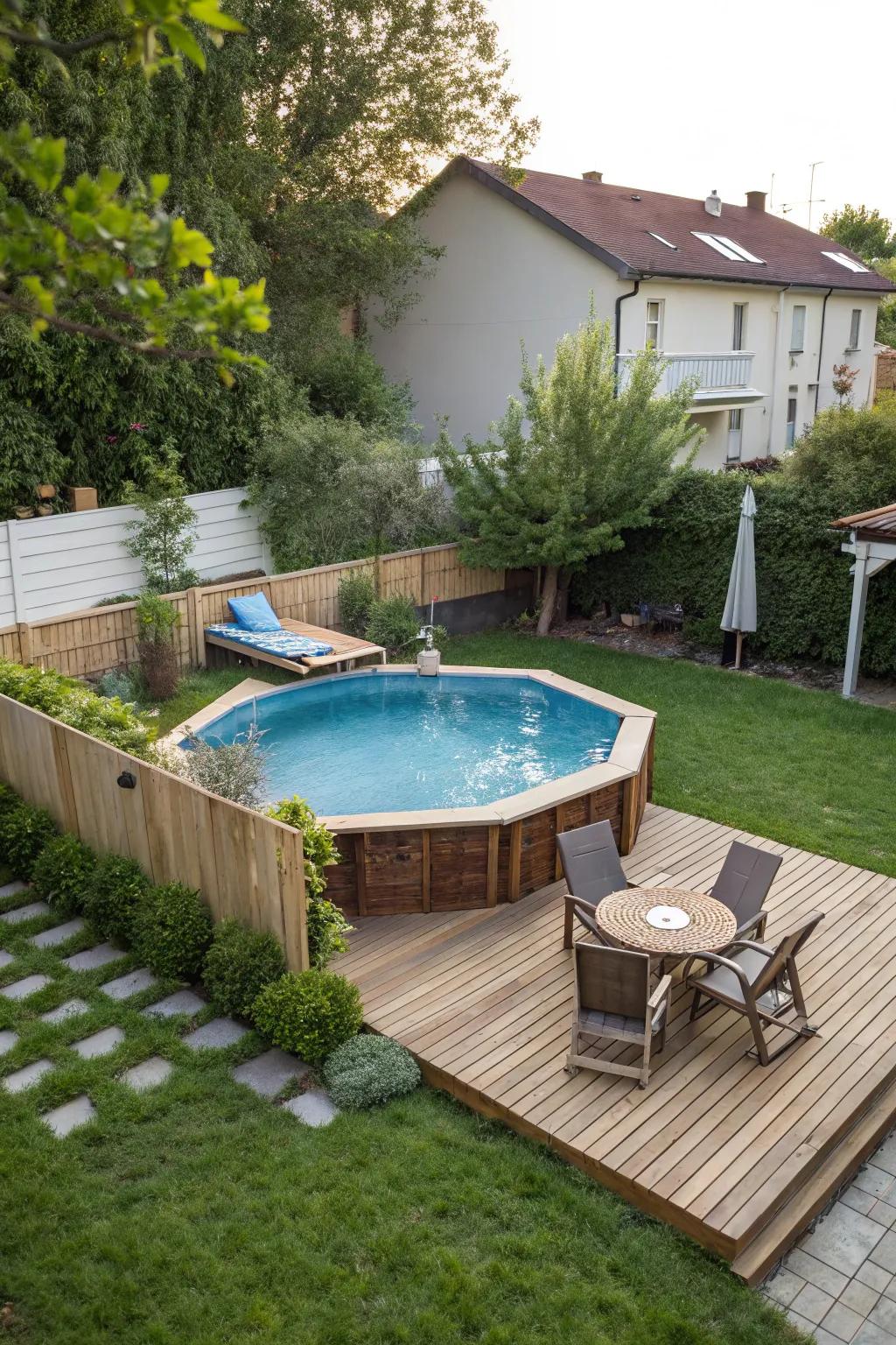 A lovely wooden deck surrounding an above-ground pool, creating a welcoming and cozy ambiance.