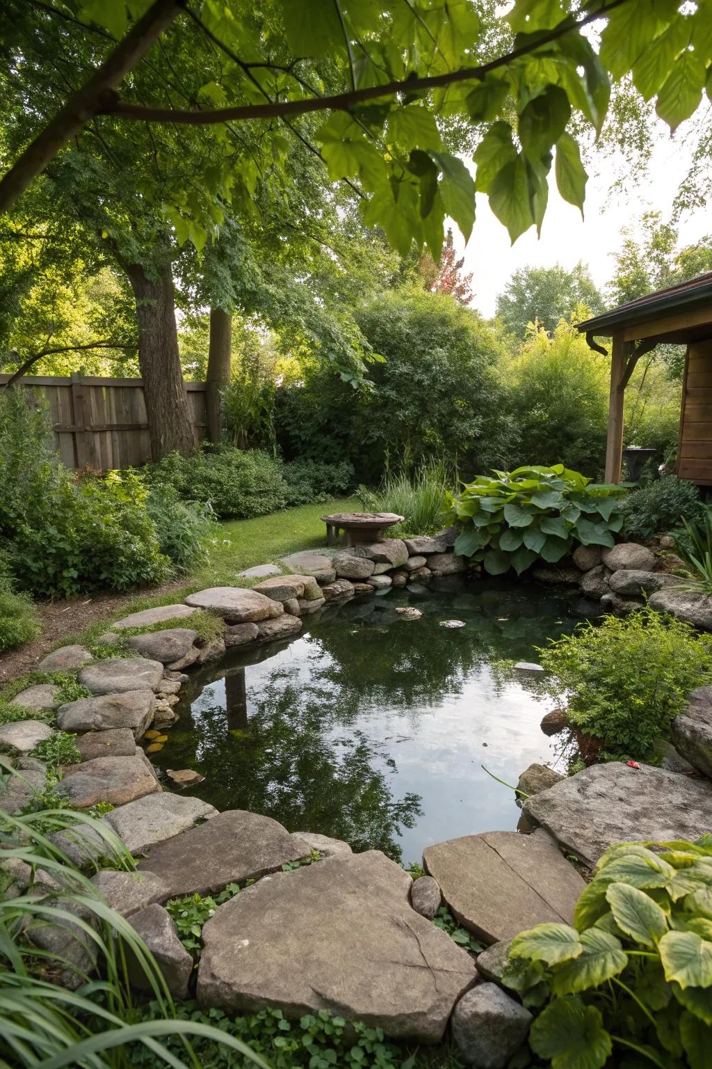 A beautifully crafted pond with borders made of natural stone seamlessly integrates into the garden landscape.