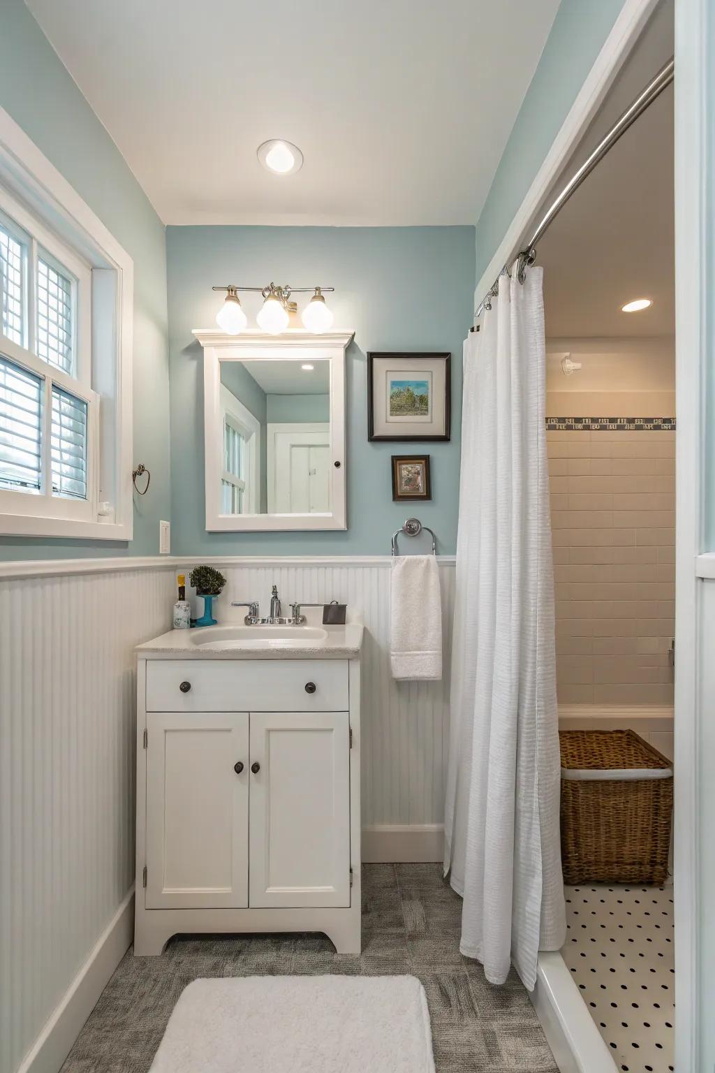 Gentle blues combined with white accents provide a serene and expansive ambiance.