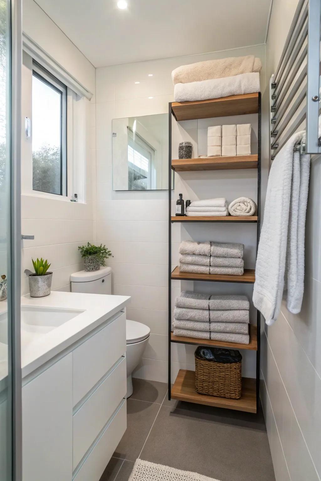 Wall-mounted shelves utilize vertical space efficiently for towel storage.