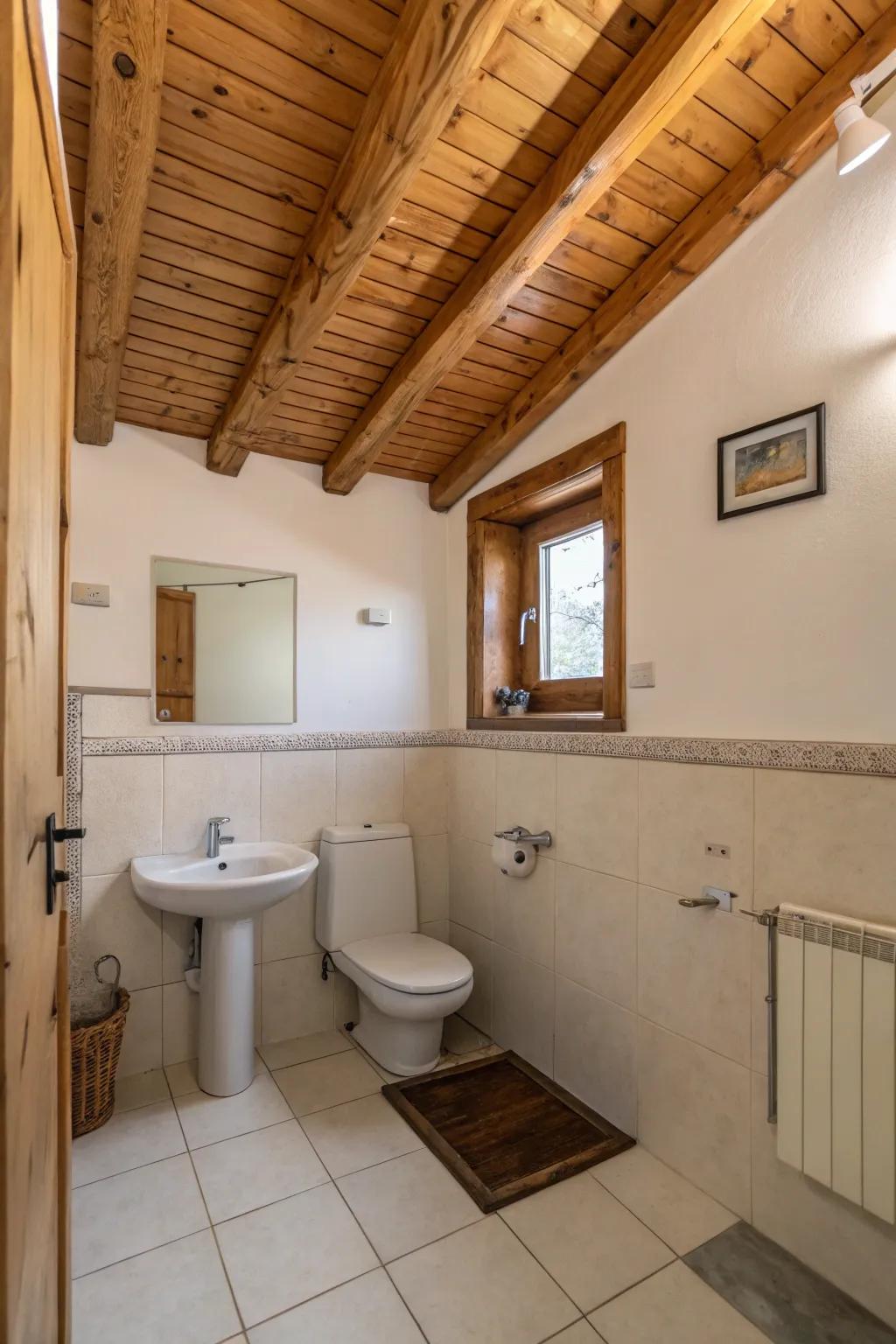 A bathroom showcasing an authentic wood ceiling that radiates warmth.
