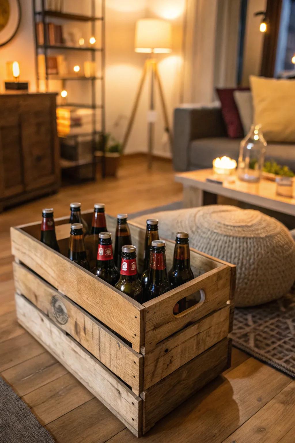 Country timber box display highlighting specialty brews.