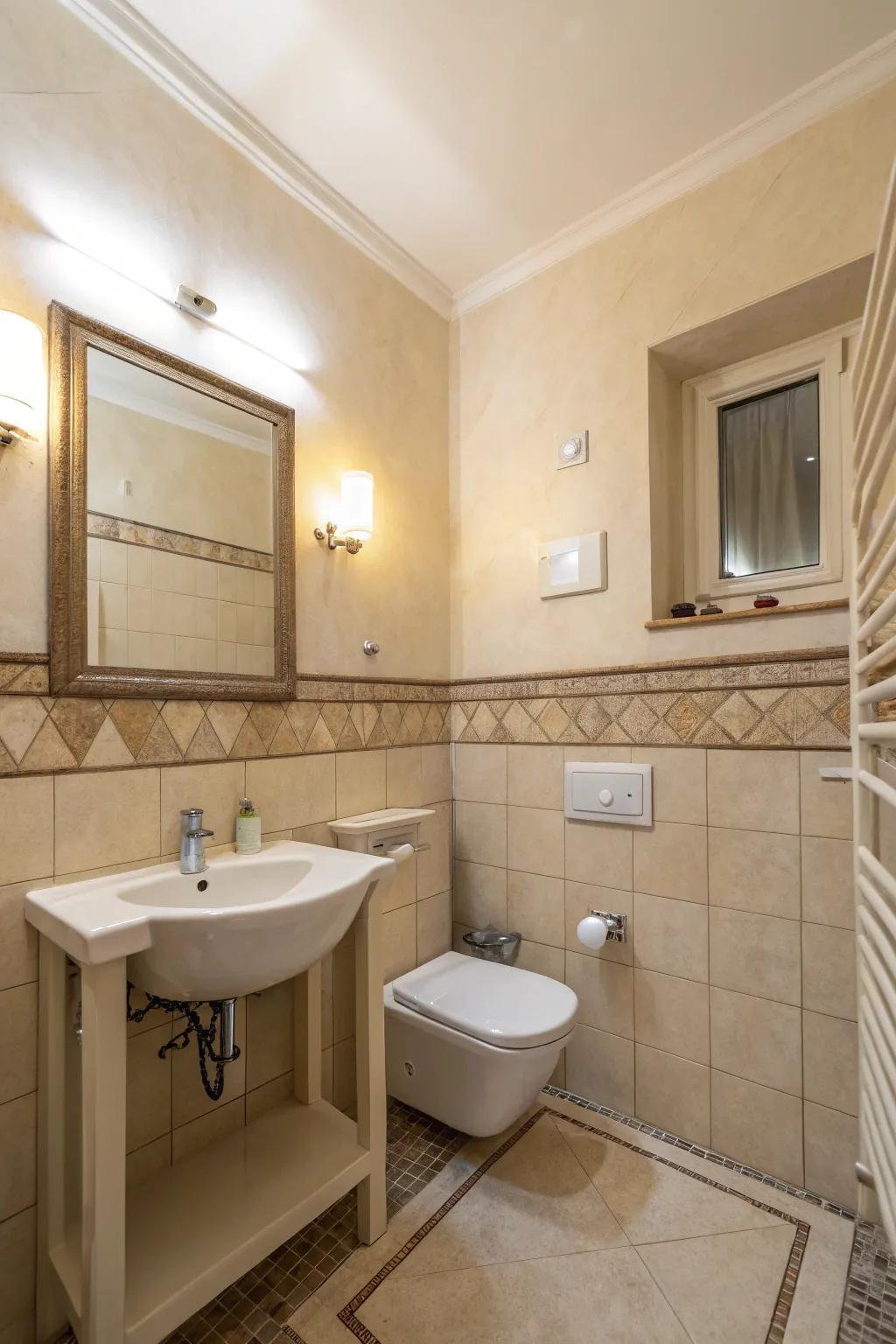 A tranquil small bathroom showcasing neutral beige shades.