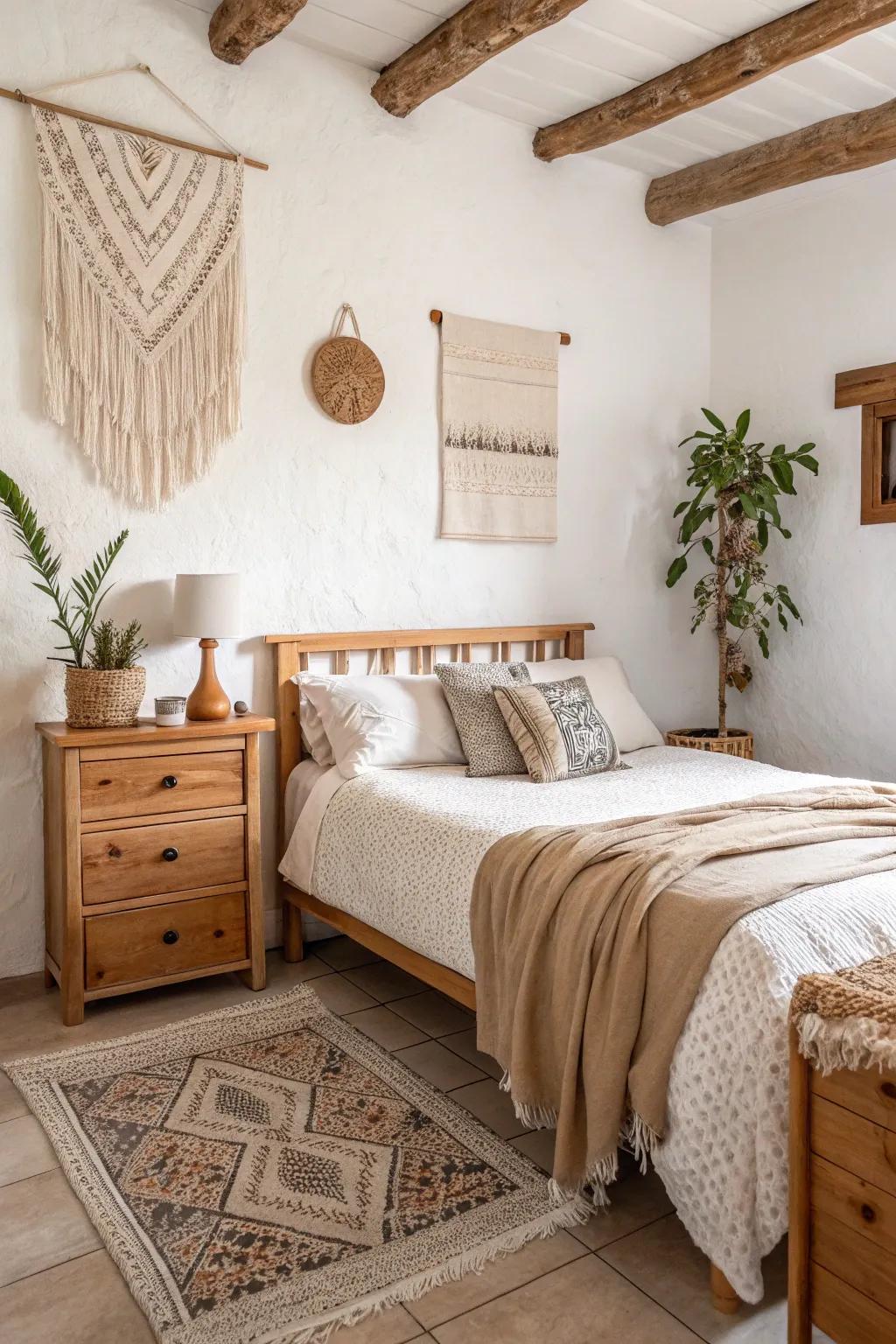 Neutral and earthy tones provide a calming backdrop in this compact boho bedroom