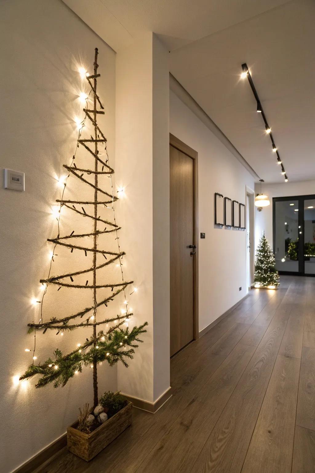 A space-conscious wall-mounted festive fir crafted from branches and lights.
