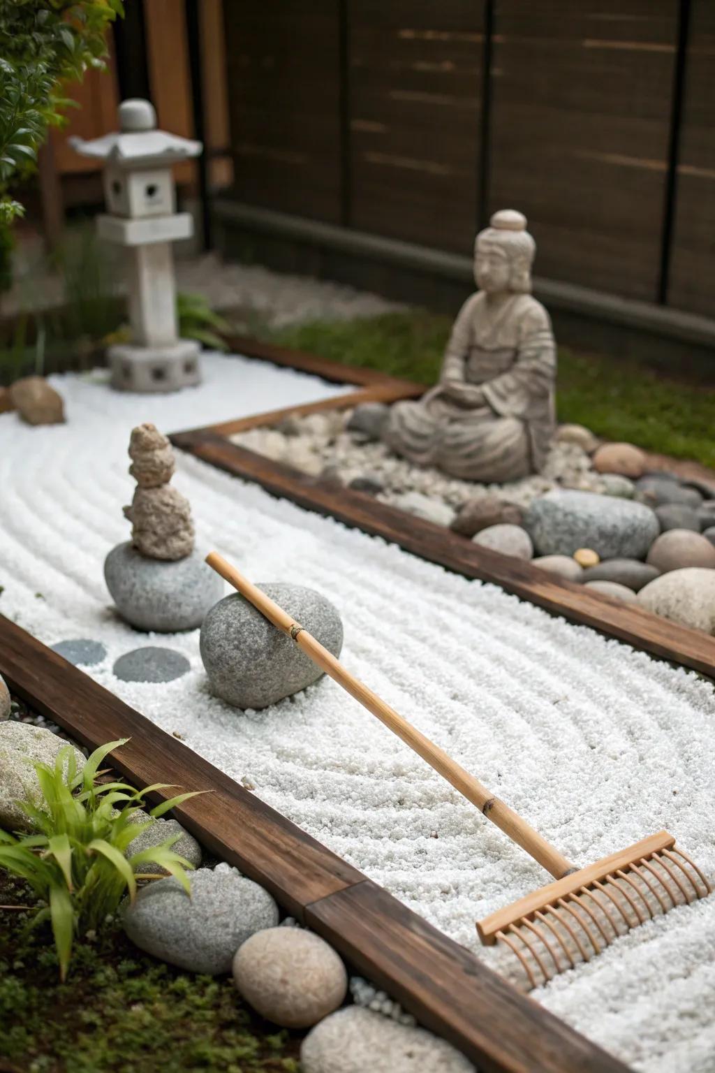A tranquil miniature Zen garden nestled in a corner.