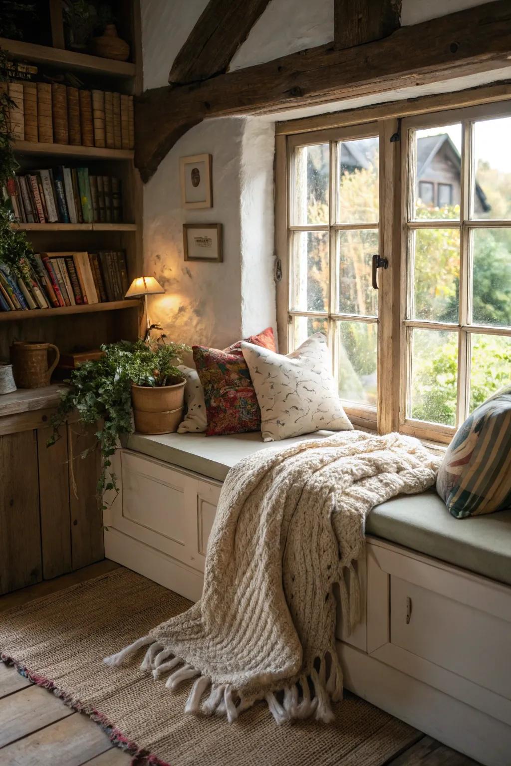A tranquil reading corner designed for ultimate relaxation inside a compact cottage.