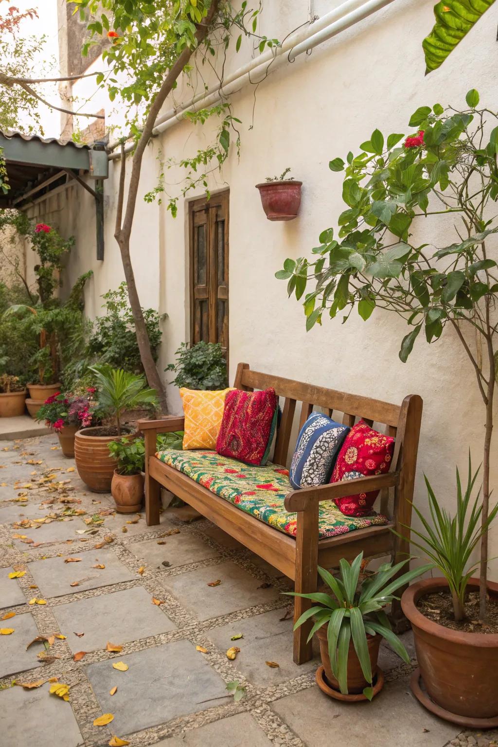 A revitalized bench with cheerful cushions crafts an inviting nook for seating.
