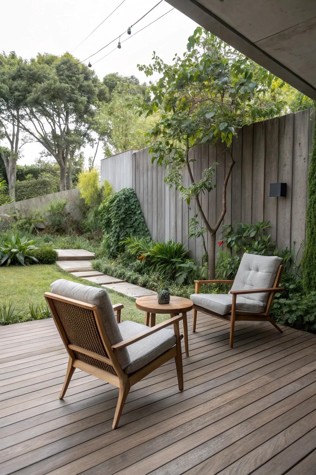 A minimalist platform deck with simple seating arrangements.