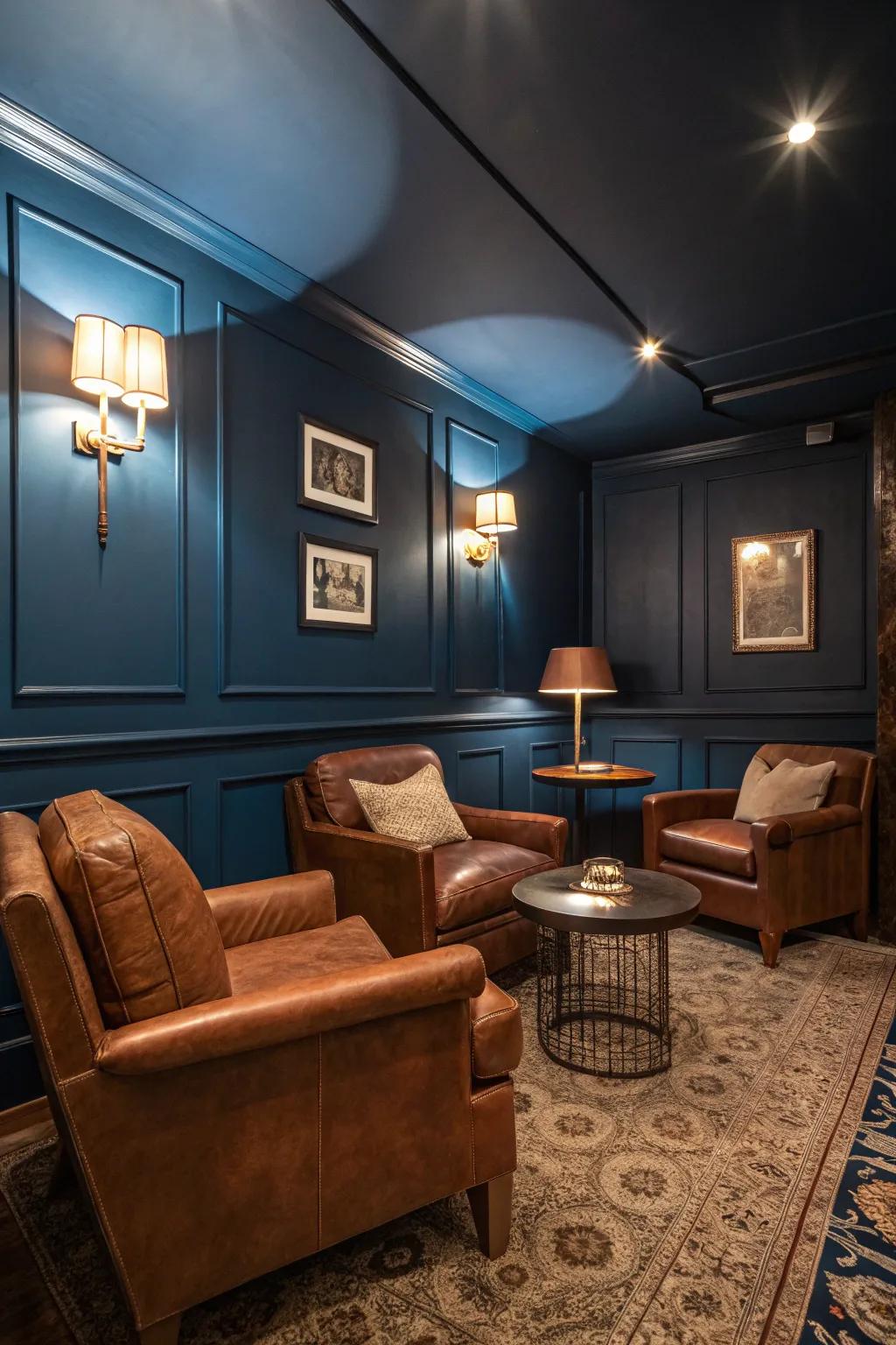 Deep hues contribute dimension and comfort to a tight den.