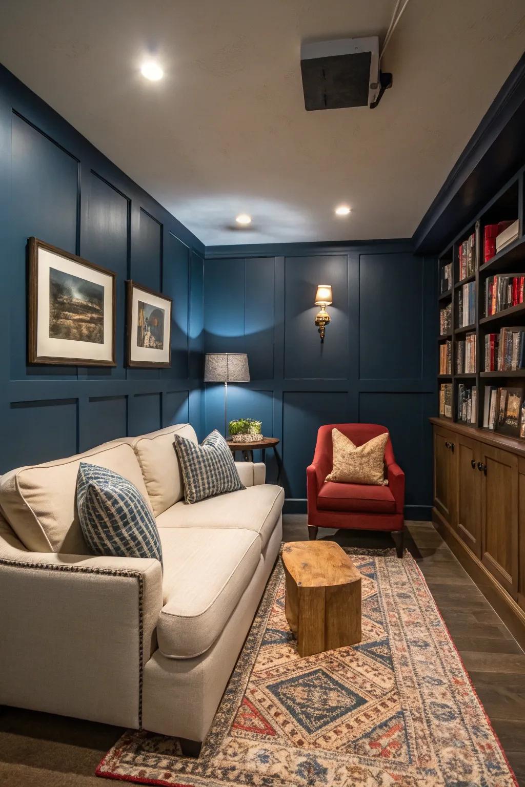 Eye-catching wall shades give dimension to a compact hideout.