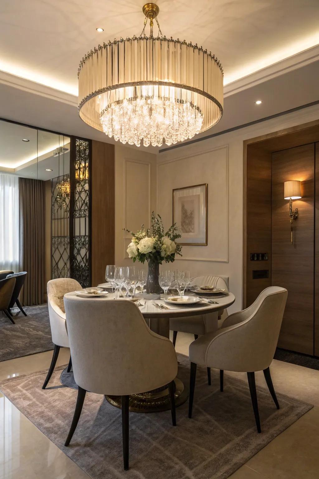 An elegant chandelier brings sophistication and allure to a small dining space.