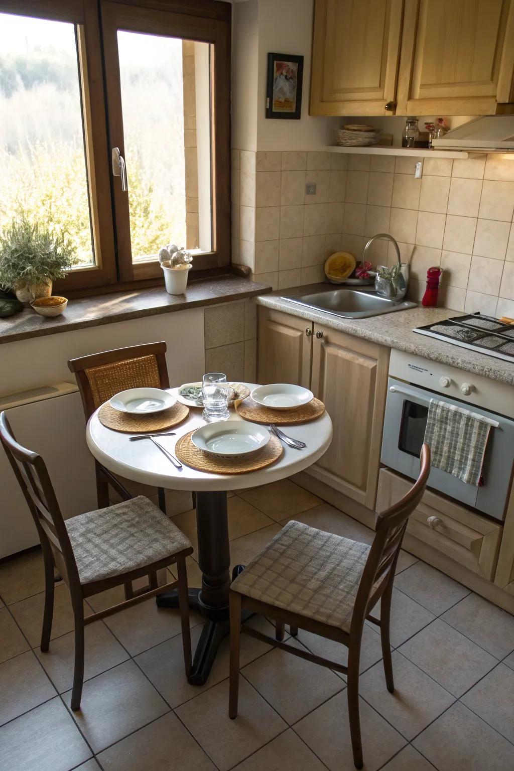 A space-saving dining table nests beautifully in a snug kitchen corner.