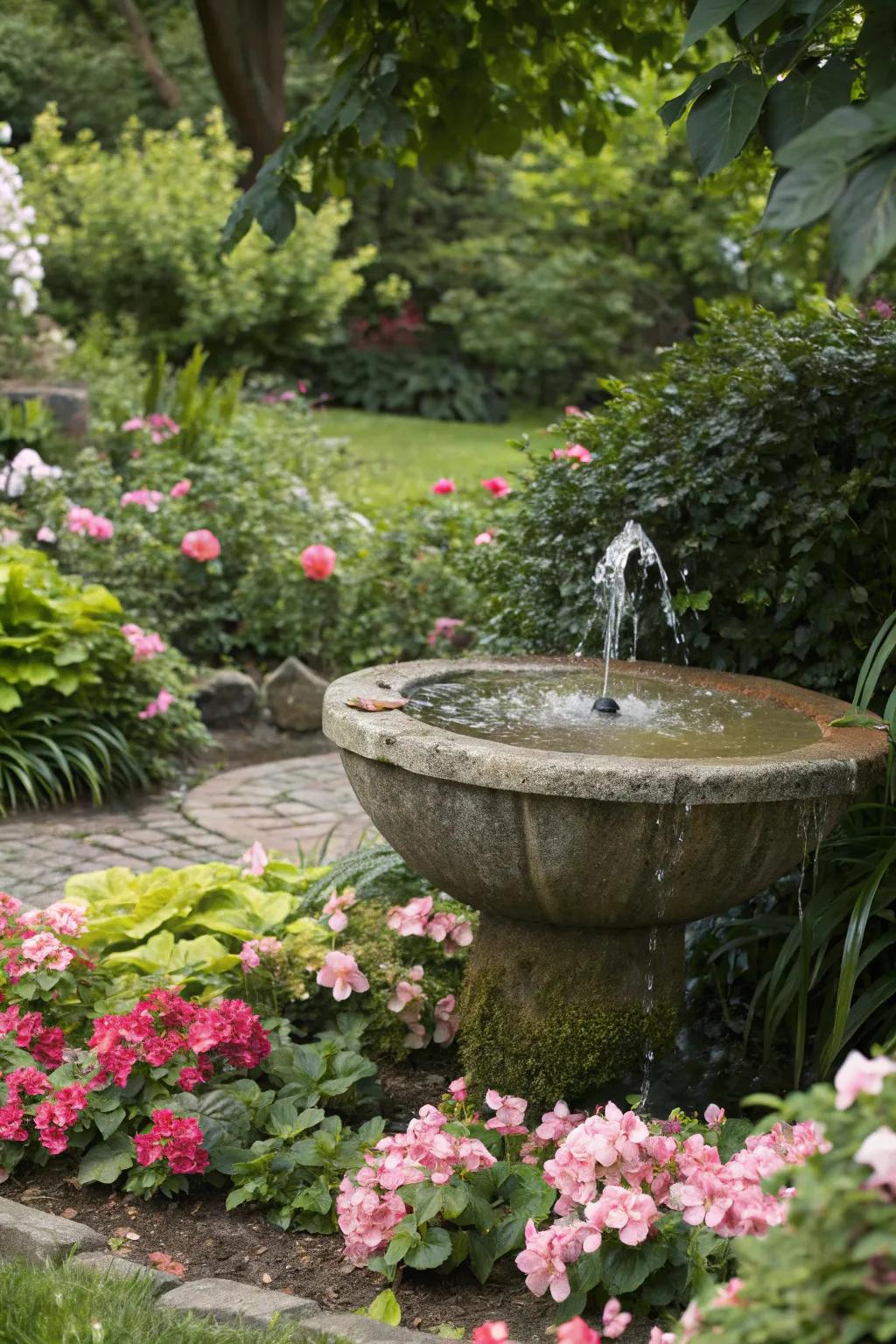 A classic rock container water feature elevates charm and peace.