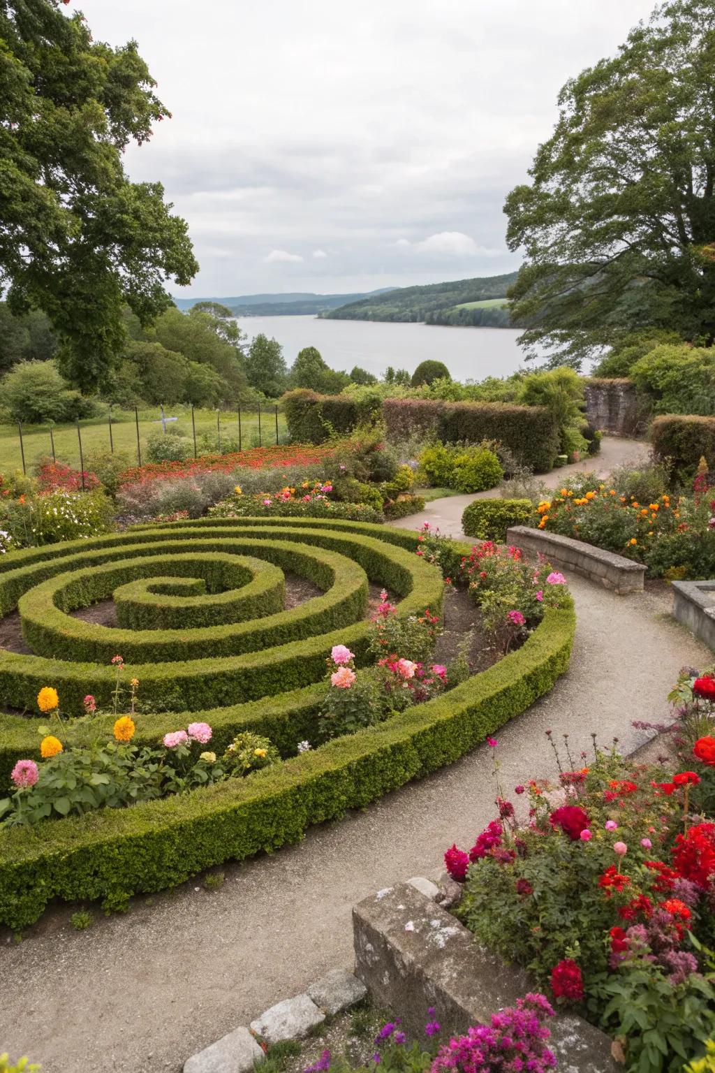 A space-saving coiled labyrinth plan crafted with petite shrubs in a compact yard.