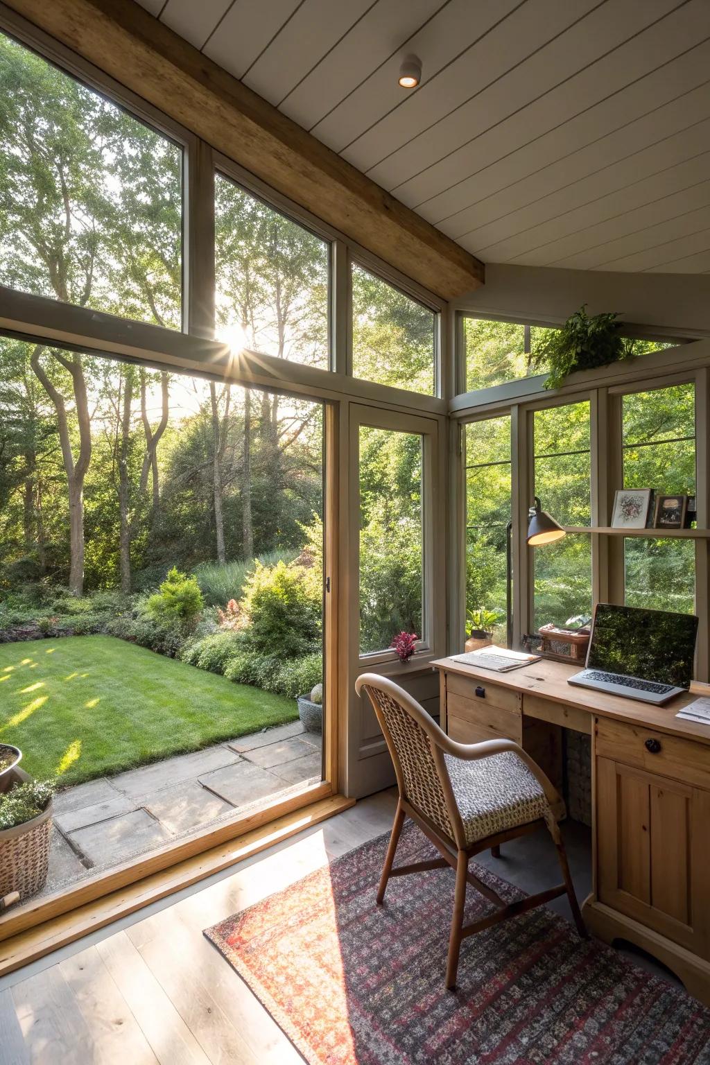 A sunlit garden office filled with natural illumination.