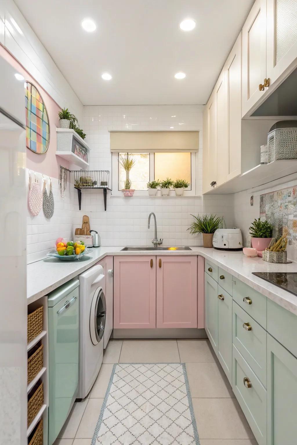 A small kitchen that exudes spaciousness thanks to its radiant and pale color choices.
