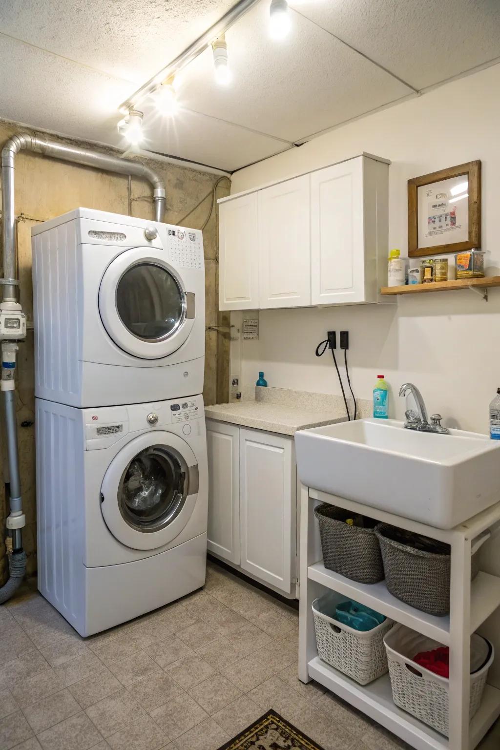 Productive usage of vertical area in a tiny washing room.