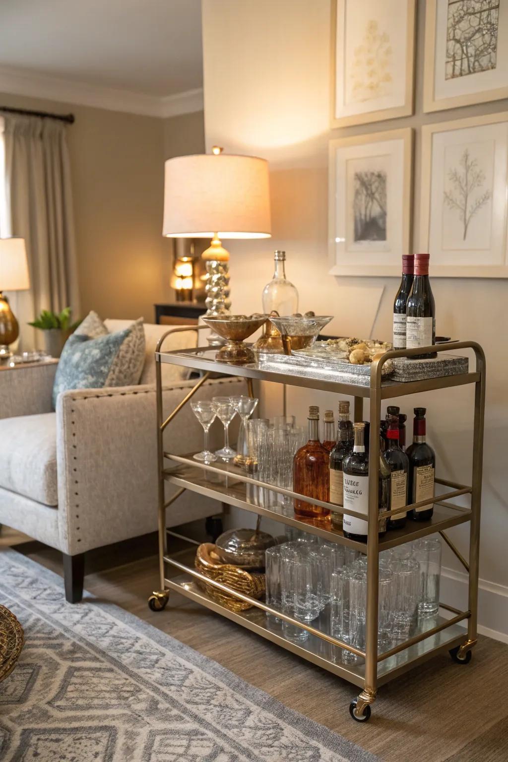 A small bar trolley enhances style and usefulness.