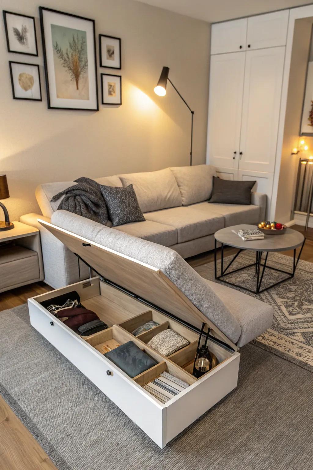 Multi-use furniture, such as a convertible sofa and storage coffee table, amplifies the effectiveness of a small personal retreat.