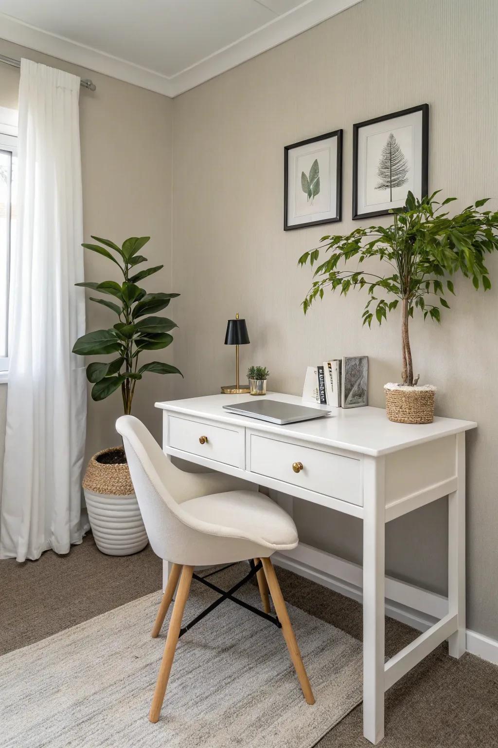 A minimalist small office radiating a pristine, airy charm.