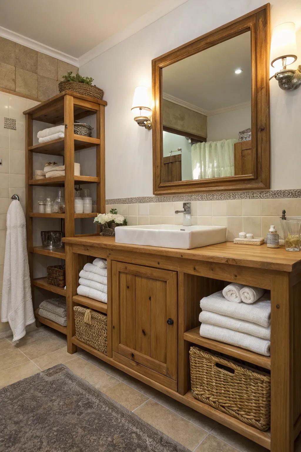 A rustic-inspired bathroom brought to life with timber vanity and displays.